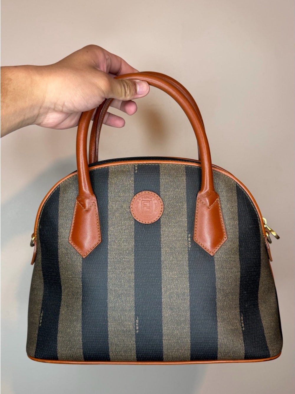 Fendi Brown Striped Pequin Canvas Dome Handbag with Leather